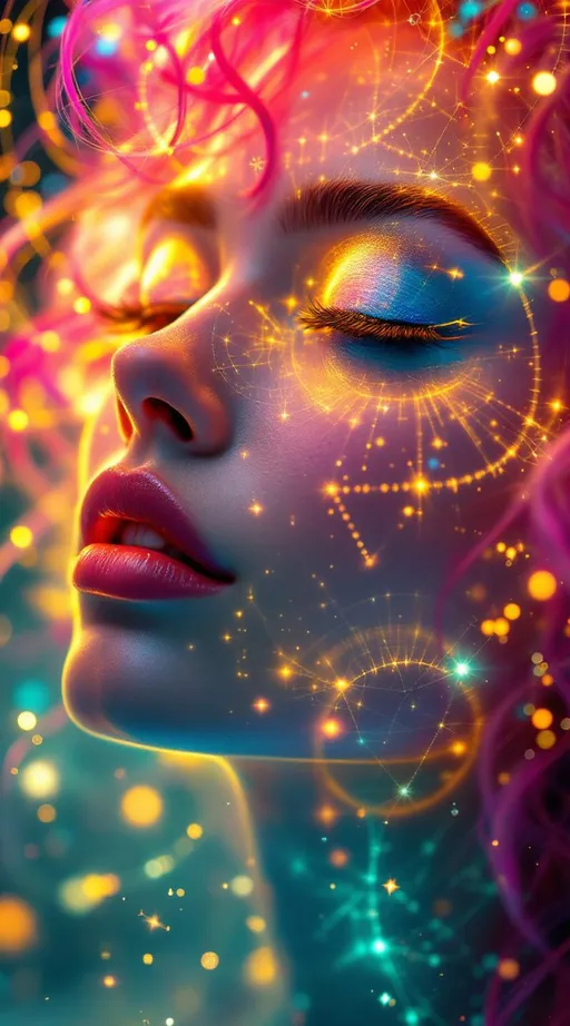 Prompt: Her face is a modular masterpiece—cheekbones traced with the shimmer of moonshine symmetry, every angle tuned to a hidden harmonic. Newton fractal veins glow faintly beneath translucent skin, shifting in color with each emotion. Her eyes burn with prime number fire, irises tiled in Penrose symmetry, blinking with curved light logic. Laughter echoes in Hilbert paths across her cheeks—space-filling joy spirals, soft and bright. Hair spills around her in radiant pink curls, styled by quasiperiodic forces and recursive wave equations—each strand flowing in luminous fractal tension. Geometry pulses at the hairline, recursive symbols glinting in neon mathdust. She is wrapped in hyperbolic aura-rings, layered in color-feedback like living topology, her presence refracting sacred math through joy, emotion, and colorfields.”

⸻

Visual Keywords:
Modular face symmetry, Newton glow skin, Penrose-tiled irises, Hilbert smile trails, pink recursive curls, fractal symbol halo, hyperbolic color aura, neon mathdust, prime fire eyes