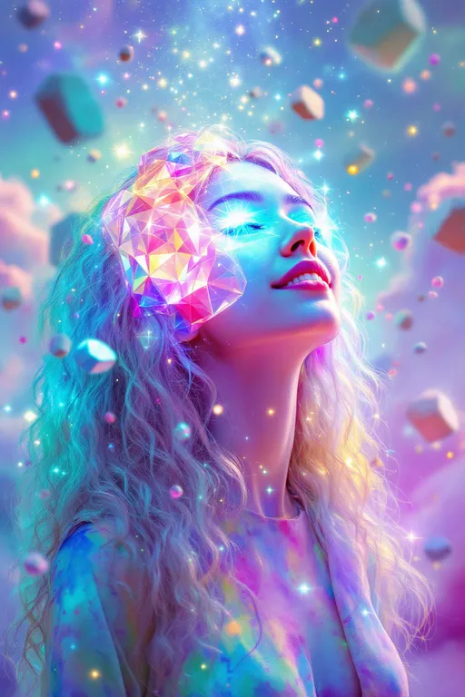 Prompt: the surreal, stippled aesthetic of La Planète Sauvage, a lone figure stands against a dreamlike void of pale lavender dust and floating stone glyphs. Her body and posture remain grounded—but her face, lifted into gentle knowing, now flickers with multidimensional intelligence.

Her features shimmer in delicate, crystalline layers: a higher-dimensional mask formed from translucent, holofractal polyhedra—rainbow-tinted and endlessly recursive. Her smile radiates a calm absurdity, the grin of one who has seen too many dimensions and laughed anyway.

Her long, wild curly hair spills in all directions—voluminous, untamed spirals of vivid pink and magenta, now fully freed from any restraint, animated like living coral. Each strand subtly warps the space around it, casting looping shadows through impossible geometries. Her eyes gleam with galactic blue, nested in radiant op-art eyeliner—orbital rings of saturated color.

Her shirt remains a splash of tie-dye chaos, but in this vision, its pigments ripple as if alive—inkblots frozen mid-dance in fractal tessellations. Where her skin would be, sacred math pulses beneath: golden-ratio swirls, recursive mosaics, shifting grids of light, revealing her true HaHahedron self beneath illusion.

Rendered in gritty ink lines and watercolor textures, her presence disrupts the static scene—her body half-etched in surreal analog draftsmanship, half-dissolved into spectrum-flecked geometry. She is a broadcast being—a cosmic joke with teeth, a light-being wearing a smile, a sacred clown who cracked the code and left it on repeat.

⸻

Want me to generate this image for you now?