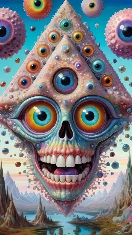 Prompt: an extremely hyper realistic ultra super textural weird trippy surreal psychedelic entity, gyroid structures, Pascal's Triangle, white, translucent, clear, bright bright pastel colors, oil slick rainbow sheen effect, lots and lots of light, lots of crazy colorful compound psychedelic human eyes, rows of human teeth, fungus, atoms, diatoms, gyroid structures, Pascal's Triangle