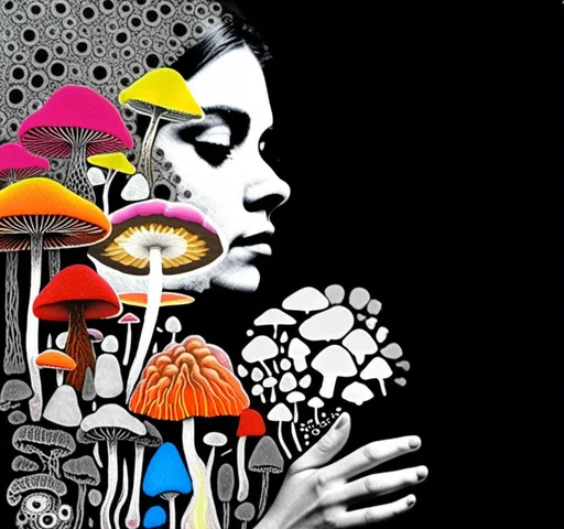 Prompt: A mixed media collage of a black and white photograph of a young woman growing all kinds of colorful multimedia psychedelic mushrooms and fungus out of her body (incorporate things like- but are not limited to - vibrant paints, enamels, glitters, metallic foils, newspaper and magazine cut paper, paint spatter, etc)<mymodel>