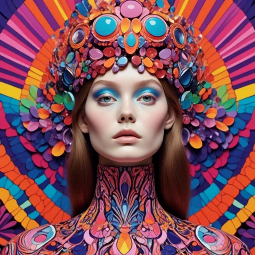 Prompt: <mymodel>Realistic avant-garde models showcasing psychedelic poster art illustrations, high couture fashion, colorful and vibrant, detailed facial features, intricate designs, 4k ultra-detailed, realistic, avant-garde, psychedelic, high couture, vibrant colors, intricate patterns, detailed facial features, professional lighting