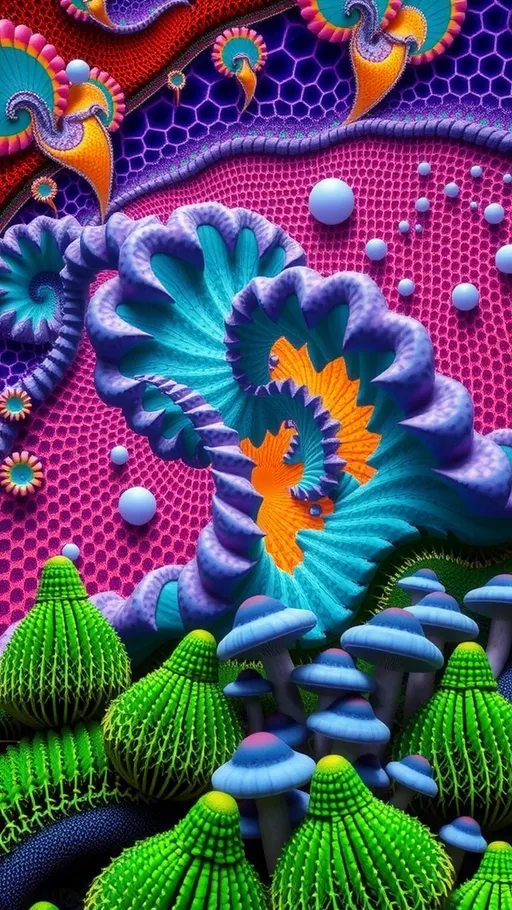 Prompt: An extremely super hyperrealistic trippy weird surreal odd scene that combines the intricate and mesmerizing beauty of a Mandelbrot Set fractal with the natural elegance of the Euphorbia resinifera (Moroccan Mound) and the vivid hues of the Lactarius indigo (Indigo Milk Cap). The scene is set against a backdrop of Voronoi Tiling, adding an organic, cell-like structure to the composition.

The Mandelbrot Set forms the central focus, with its bulbous, spiraling shapes rendered in a spectrum of psychedelic colors, seamlessly transitioning from deep purples to vibrant greens. These fractal patterns are echoed in the clumping, ribbed stems of the Euphorbia resinifera, which emerge from the fractal landscape in a lush, verdant green, their thorny textures adding a tactile contrast to the smooth, flowing lines of the fractal.

Interspersed throughout this surreal landscape are clusters of Lactarius indigo mushrooms, their convex caps a striking blue to indigo, exuding an ethereal glow that casts soft, luminescent shadows across the scene. The mushrooms' smooth texture and the blue milk they exude add an element of mystery and enchantment.

The entire scene is woven together with the organic, cellular patterns of Voronoi Tiling, creating a harmonious blend of natural and mathematical beauty. The tiling adds depth and complexity, with each cell-like shape reflecting the colors and textures of the elements it surrounds, creating a cohesive and mesmerizing visual experience.