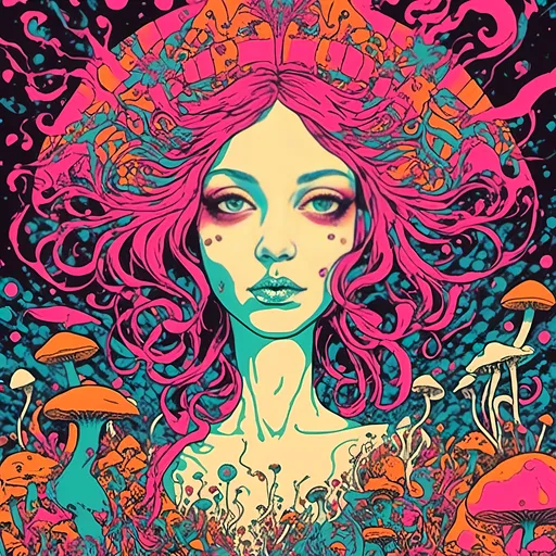 Prompt: <mymodel>Psychedelic poster art of a girl, vibrant colors, trippy visuals, surreal mushrooms, high-quality, detailed illustration, psychedelic, poster art, vibrant colors, surreal, girl, mushrooms, trippy visuals, detailed, professional, surrealistic lighting