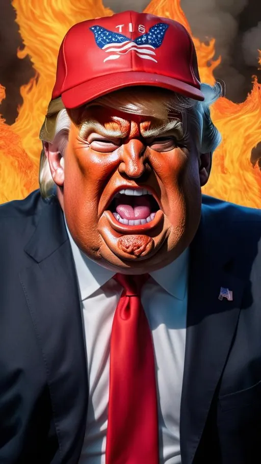 Prompt: an extremely hyperrealistic ultra textural extremely grossly disgustingly detailed fat bloated hideous grotesque caricature of Donald Trump, adult diaper, poop, red hat, MAGA, USA, hell scape, flames, fire, devil demons, angry, hatred, rage, lies, extremely detailed background including