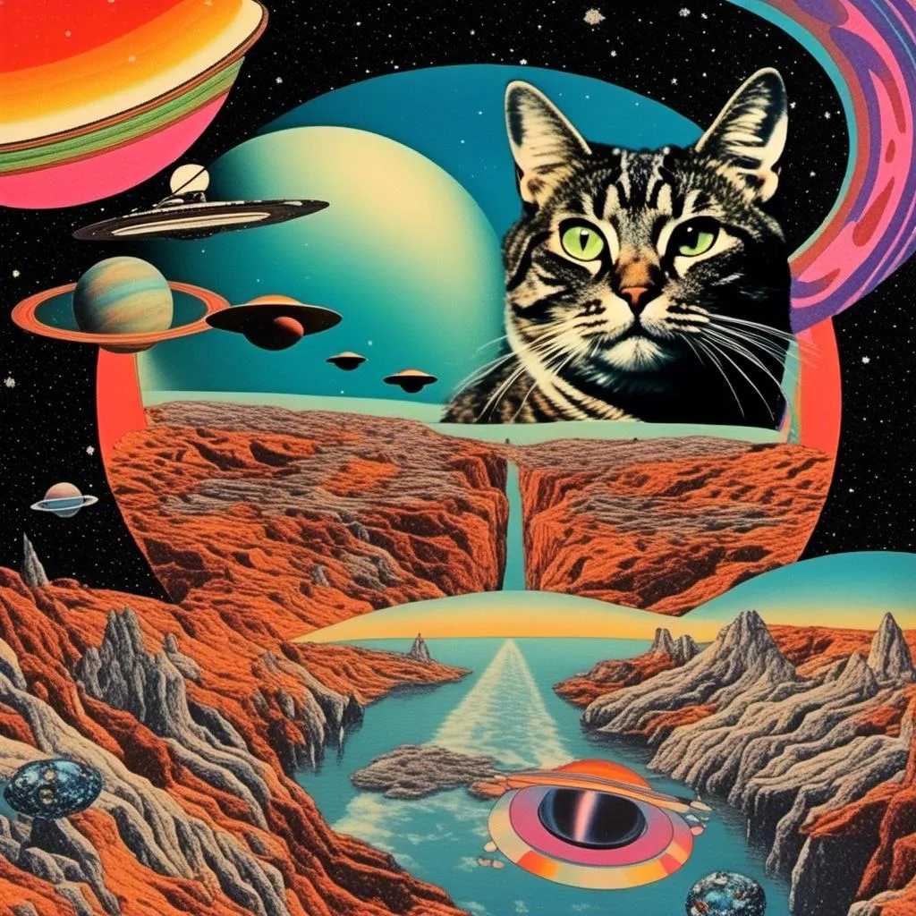 Prompt: a psychedelic collage with a vintage 70s sci-fi animation feel to it except the subject matter will be CATS IN SPACE! The collage will have elements of photography, illustration, trippy patterns and optical illusions, alien landscapes, strange trippy planets, UFOs,, meteors, all cut and spliced together in a psychedelic collage style <mymodel>