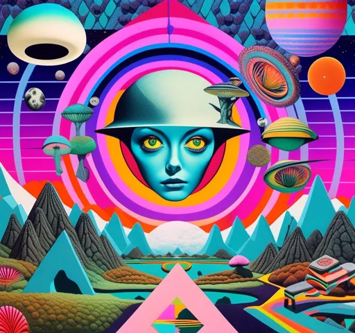Prompt: a psychedelic collage with a feel of a vintage surreal art house 70s scifi animation combined with a psychedelic collage created out of spliced photographs, art, magazine pages, etc other photos of things like alien landscapes,, eyes, geometric shaped cutouts of trippy patterns, optical illusions, mushrooms, crystals, planets and stars, buildings, roads, cars, animals, aliens, UFOs,, insects, lots of eyes<mymodel>