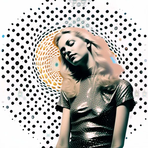 Prompt: <mymodel>Mixed media collage of an astral entity in the astral realms in outer space but also another beautiful glowing dimension of radiance
And love and light. She has long blond curly hair and appears as a photograph, maybe black and white or halftone, while the mixed media colors and sparkles and sacred geometries of the astral dimension swirls around her and out of her in the form of paint, foils, glitter, sparkles, rainbows, auras, sequins, enamels, rhinestones, thread, broken glass, etc