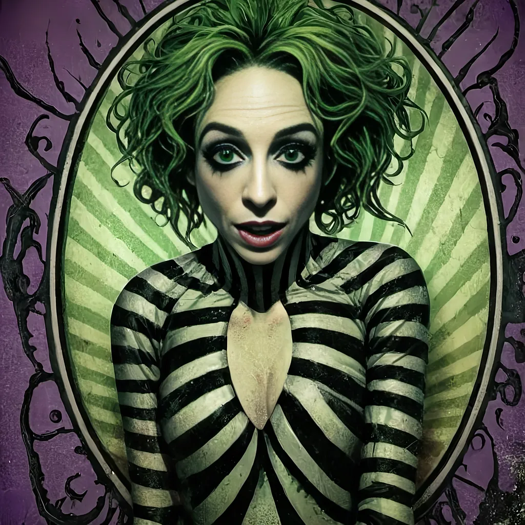 Prompt: <mymodel>Beetlejuice-themed illustration with Tim Burton aesthetic, sandworm, purple, neon green, black, textured pattern, high-quality, detailed, Tim Burton style, cartoon, dark tones, eerie lighting, sandworm texture, Beetlejuice aesthetic, vivid colors, eerie atmosphere, gothic, haunting, neon accents, detailed patterns, spooky, beetlejuice, highres, textured, neon, eerie, detailed texture, Tim Burton style, haunting, vivid colors