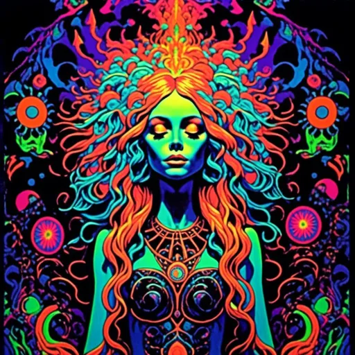 Prompt: <mymodel>Vintage 70s black light poster art illustration of a beautiful female DMT entity, long blond curly hair, otherworldly ineffable beauty, DMT waiting room, astral being, psychedelic hallucinations, vibrant colors, detailed astral features, retro artistic style, intense and vivid colors, mesmerizing aura, surreal vibes, flowing hair, radiant chakras, psychedelic realm, best quality, vibrant, retro, surreal, intense colors, detailed astral features, mesmerizing beauty, vintage, black light poster, effervescent lighting