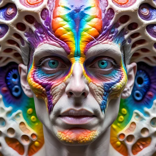 Prompt: Extremely hyperrealistic, ultra hypertextural psychedelic weird surreal hallucination entity creature, head, torso, geometric interdimensional tesseract, translucent white, bright pastel colors, swirling rainbow oil slick sheen effect, lots of light,  fungus, mushroom, lots of trippy crazy psychedelic human eyes, human teeth, brains, skin, metal, silver, chrome, leather, feathers, scales, fur,  Chromatophore, pigment cell, melanophore, iridophore, leucophore, xanthophore, erythrophore, cyanophore, pigment granules, melanin, carotenoids, pteridines, guanine crystals, reflective platelets, dermal chromatophore unit, pigment dispersion, pigment aggregation, color change, adaptive coloration, cryptic coloration, aposematic coloration, structural coloration, biochromes, photophores, neuromuscular control, hormonal control, neural activation, physiological color change, morphological color change, chromatophore expansion, chromatophore contraction, cellular signaling, light reflection, light absorption, light scattering, iridescence, bioluminescence, pigment synthesis, pigment degradation, chromatophore patterning, environmental adaptation, camouflage, signaling, communication, behavioral adaptation., extreme organic textures, metallic textures