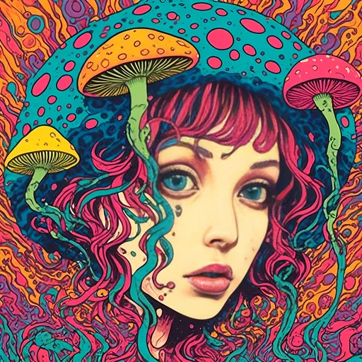 Prompt: <mymodel>Psychedelic poster art of a girl, vibrant colors, trippy visuals, surreal mushrooms, high-quality, detailed illustration, psychedelic, poster art, vibrant colors, surreal, girl, mushrooms, trippy visuals, detailed, professional, surrealistic lighting