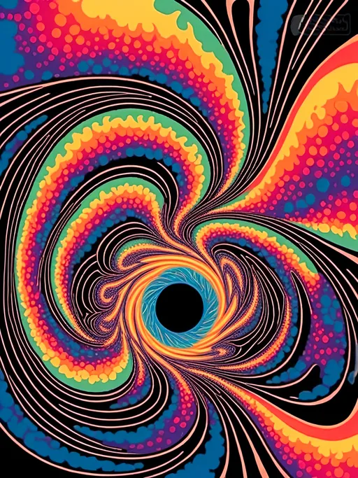 Prompt: <mymodel>Psychedelic illustration of a black hole, swirling vortex of colors, bending space-time at event horizon, cosmic energy, high quality, detailed rendering, surreal, psychedelic, vibrant colors, space-time distortion, cosmic, mind-bending, event horizon, swirling patterns, intense energy, trippy, artistic rendering