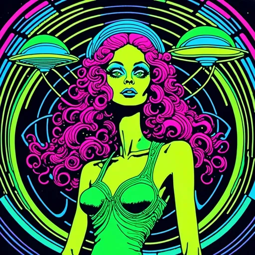 Prompt: <mymodel>Vintage 70s black light poster illustration of a green-skinned retro alien female, long curly hair, futuristic alien fashions, alien makeup, rockabilly pinup style, vibrant neon colors, psychedelic patterns, detailed hair and outfit, high-quality, retro, black light, vibrant colors, psychedelic, 70s style, pin-up, alien fashion, detailed illustration, professional, atmospheric lighting
