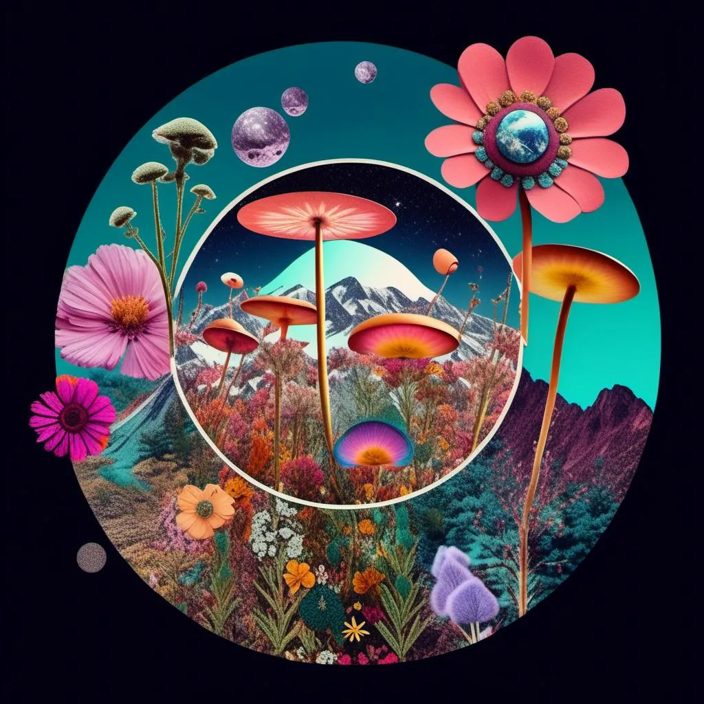 Prompt: A psychedelic collage evoking a vintage 70s sci fi feel but I stead of the sci-fi theme let’s do wildflowers. Photos and art of wildflowers spliced with things like psychedelic patterns/optical illusions, landscapes, geometry, mushrooms/fungus, insects, crystals, gemstones, the sun & moon, etc. Employ a pretty floral color pallet but keep that surreal feel in this natural organic psychedelic collage<mymodel> 
