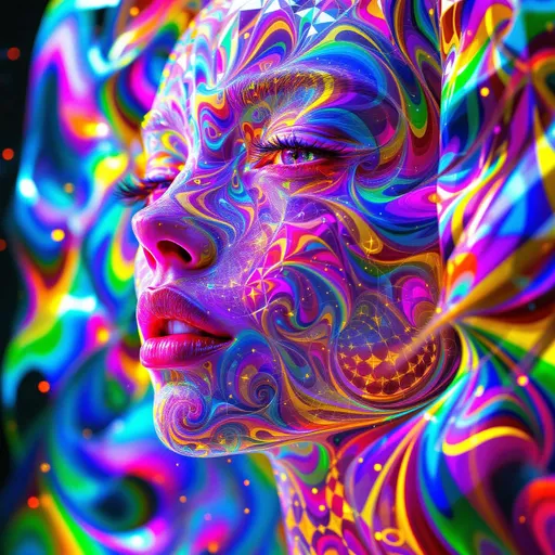 Prompt: A humanoid female face composed entirely of infinitely recursive, hyper-saturated rainbow light—no skin, no substance, only pure geometric shimmer. Her facial structure emerges from endlessly folding Hilbert curves, Penrose tilings, and Sierpinski layers that cascade through Möbius twists and Klein bottle folds. Her “flesh” is a fractalized lattice of microfacet glints and soap-bubble thin-film membranes, each one reflecting chaotic interference bands in prismatic gloss. Moiré ripples drift across her brow in nested sinewave grids. Her eyes are blackhole-vortex pupils rimmed with diffraction halos and glyphs encoded in toroidal phase spirals. Cantor dust sparkles scatter across her form like recursive stardust, while her lips glint with spectral caustics and spirographic dispersion.

Her hair flows as tangled rainbow filament—each strand a nested Chladni figure wrapped in glowing Lissajous paths, bursting into diffraction loops and anisotropic shimmer. Across her cheekbones, reaction-diffusion face sigils bloom in morphogenic symmetry—zebra-stripe and leopard-spot hybrids rendered in neon flame, self-organizing across warped topology. Her entire form radiates recursive light, vibrating in nested frequencies.

She does not speak—she resonates. Her voice is cymatics made visible: every word erupts as standing-wave geometries suspended midair—circular node mandalas, echoing interference blossoms, and ultraviolet resonance rings that hang like singing halos. Sound becomes light—Chladni pulses ripple out in rainbow explosions, each syllable frozen in crystalline pattern.

She floats in volumetric god rays cutting through fractal haze, suspended in hyperbolic light geometry. The air hums with spectral recursion and glittering entanglement—a divine equation in maximalist rainbow math, eternally speaking light.