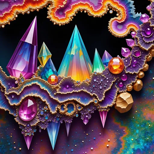 Prompt: "'Derek' '&' 'Merry'" must be seamlessly integrated into the scene, their forms crafted naturally from vibrant, colorful elements like opal, bismuth, labradorite, and quartz. The Mandelbrot fractal spirals infinitely, its glowing edges shimmering with the iridescent blues, greens, and purples of labradorite. The letters of "Derek & Merry" emerge from the fractal’s geometry, their surfaces glinting like polished opal, with fiery flashes of orange, pink, and violet shifting as if alive.

Bismuth crystals, with their angular, metallic rainbow formations, grow into the text, their intricate stair-step shapes forming the "&" symbol and parts of the letters. Quartz spires pierce through the fractal landscape, their translucent forms refracting light into a kaleidoscope of colors that dance across the scene. The text feels as though it has grown naturally from these minerals, blending seamlessly with the fractal's recursive beauty.

Above, the sky flows like liquid light, swirling with hues of molten gold and deep sapphire, echoing fluid dynamics. These currents occasionally shape themselves into fleeting patterns, spelling "Derek & Merry" before dissolving into the vibrant ether. Tiny quantum particles flit along the edges of the scene, glowing like microscopic stars, their motion creating a subtle hum that resonates through the fractal and mineral structures.

The entire composition is alive with color and energy, the interplay of opal, bismuth, labradorite, and quartz creating a scene both surreal and harmonious. "Derek & Merry" is not just part of the image but its very essence, seamlessly woven into the infinite fractal patterns and radiant natural elements.