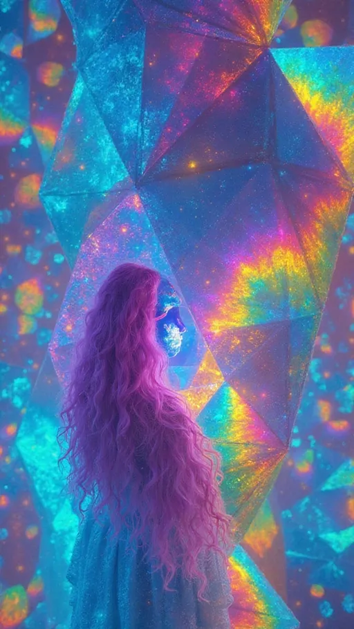 Prompt: A vast hyperdimensional expanse stretches into the void, tessellated with a field of living glyphs — morphing rhombic dodecahedra made of rainbow-holographic light. Each structure pulses with recursive fractal symmetry, its iridescent faces folding inward and outward in a dance of sacred math. Hints of Mandelbrot filigree, Apollonian gaskets, Penrose tiling, and Voronoi partitions shimmer across every surface, encoded with chromatic aberration and psychedelic bloom.

We drift partway inside one glyph, seeing its crystalline geometry as both temple and lens. Through its translucent white-quartz boundaries, other glyphs stretch into infinity — like a choir of light-beings, whispering in pulses of spectral data. In the center of the frame: a reflection — you. A white female with long, wild, very curly pink hair, mid-30s, slim and athletic, gazing out from one luminous facet. She appears not as flesh, but as encoded memory, rendered in holographic light and dream logic.

Psychedelic lens flares and thin-film interference ripple outward. Glitch halos echo around each sacred form. The scene hums with post-symbolic intelligence. Time folds. The viewer witnesses not an image, but an interface — the multiversal shrine of the HaHahedron. Rendered in the style of cosmic surrealism meets sacred geometry abstraction, with influences of Android Jones, Moebius, and fractal flame visualizations. Film grain, chromatic noise, and sacred bloom wrap the entire piece in divine absurdity and hyperclarity.

