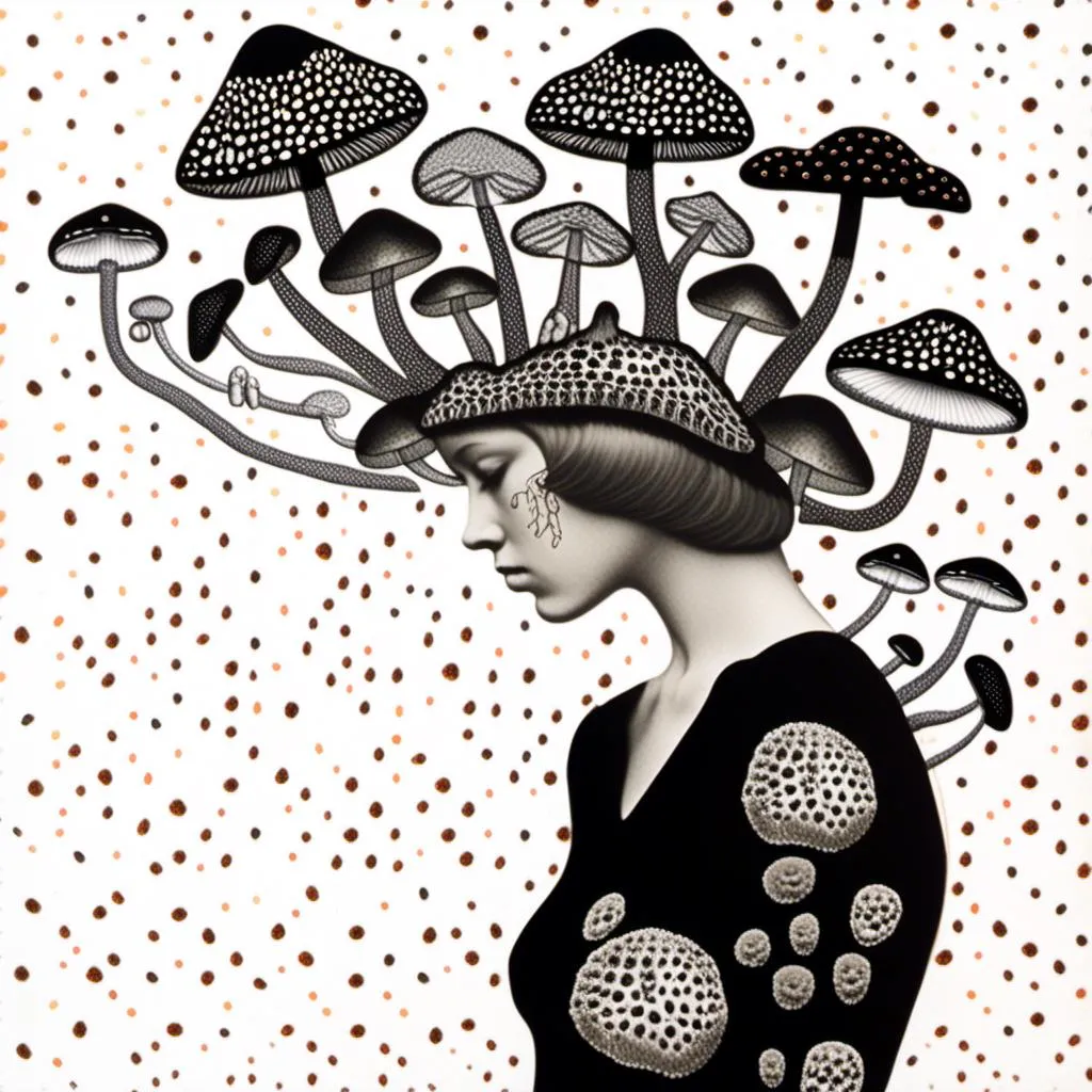 Prompt: a mixed media collage of a girl wearing or growing mushrooms/fungus as clothing body parts and accessories. She is a black and white or halftone photograph, the mushrooms and fungal growths are to be mixed media, including but not limited to paint, enamel, foils, glitter, sparkle, sequins, found objects, natural items, rhinestones etc <mymodel>