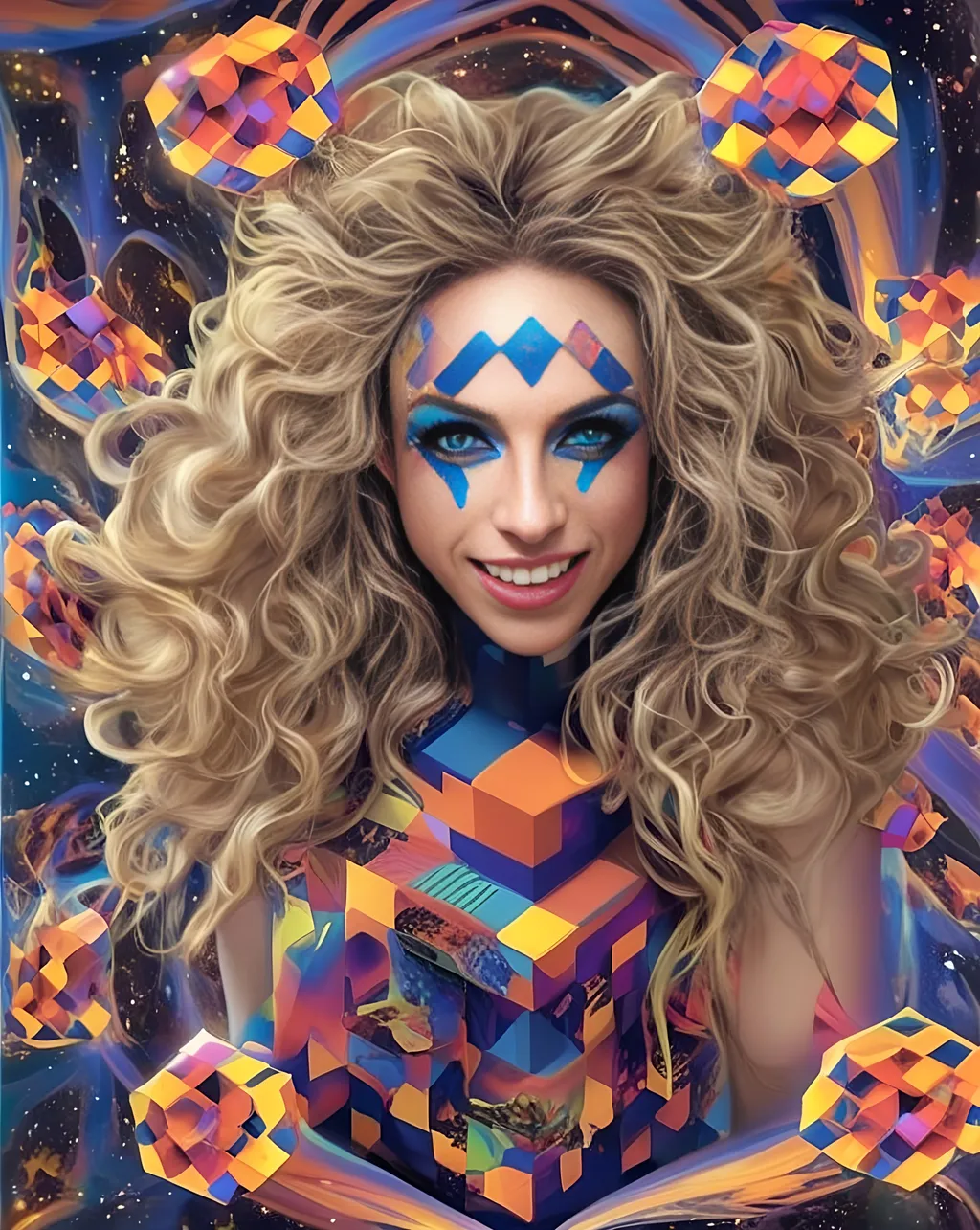 Prompt: a psychedelic hallucination of a female with long blond curly hair modeling avant Garde fashions accessories and makeup created directly out of multidimensional geometry fractals, hypercubes, non Euclidean geometry, psychedelic fashion halucinations 