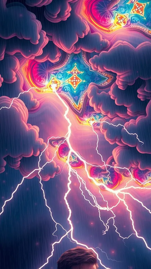 Prompt: a psychedelic “thunderstorm” of multicolored multidimensional fractal geometry, fractal thunderclouds, fractal rain, fractal wind beating, attacking a person who is on psychedelics