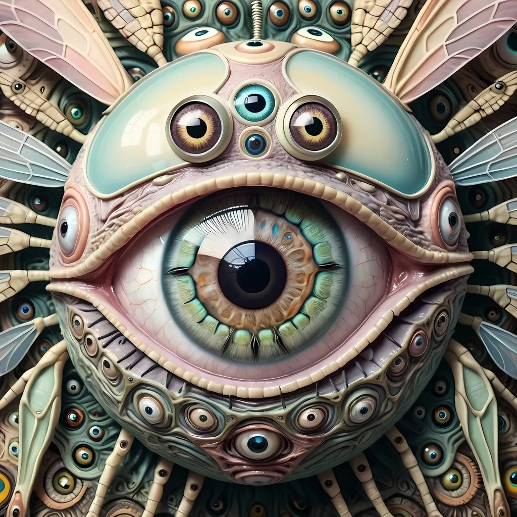 Prompt: A surreal extremely hyper realistic super textural psychedelic geometric eyeball creature with insect wings, pastel light colors,  lots of crazy trippy psychedelic human eyes, human teeth, organic and mechanical, multidimensional, weird surreal unsettling odd