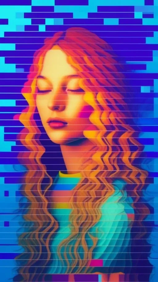 Prompt: <mymodel>Glitchy girl with long blond curly hair, glitched stretched pixels, psychedelic art style, highres, detailed hair, glitched effects, emotional expression, digital art, vibrant colors, surreal lighting