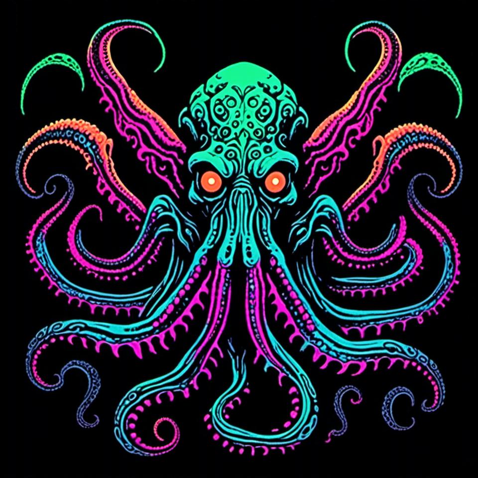 Prompt: <mymodel>Vintage 70s black light poster of Cthulhu in photorealism, Cthulhu at R'lyeh, tribal primal style, realistic tentacles, Lovecraftian horror, eerie atmosphere, intricate details, photorealistic cosmic background, high quality, detailed texture, black light art, vintage, 70s, Cthulhu, R'lyeh, tribal, primal, photorealism, Lovecraftian, eerie atmosphere, detailed, cosmic, realistic, eldritch, noneuclidean geometry, idol