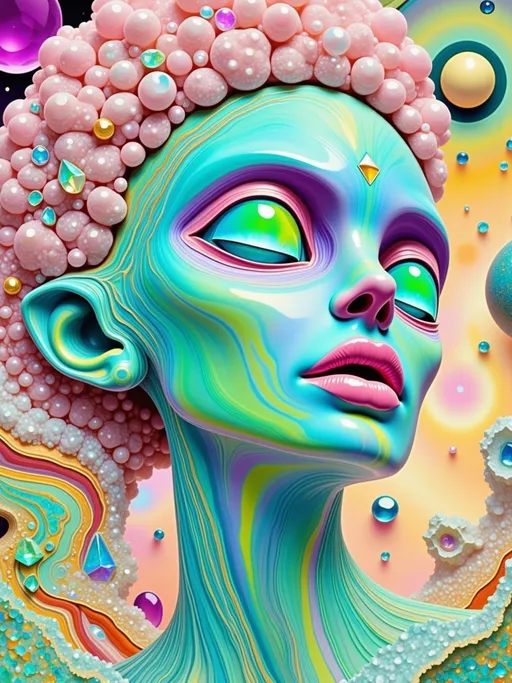 Prompt: **Prompt:**  
"A surreal retro-psychedelic collage featuring a pink alien humanoid with a sleek, elongated head that tapers elegantly at the top, her skin glowing with a bioluminescent shimmer. Her voluminous, curly neon-pink hair cascades like candy floss, framing her exaggerated, oversized pouty lips, which are plush, glossy, and irresistibly kissable, glowing faintly as if charged with cosmic energy. Her large, almond-shaped eyes dominate her face, their irises shifting like liquid opals between lavender, cerulean, and gold, with pearlescent white sclera adding an ethereal intensity to her gaze. Delicate, glowing markings in the shape of constellations trace her temples, hinting at her celestial origins. She wears a holographic pink latex space suit that clings to her form and radiates iridescent hues, reflecting the swirling starlight around her.  

The background is a chaotic, surreal expanse of space, blending vibrant, swirling galaxies in magenta, turquoise, and orange with retro 1960s-style patterns, like checkerboards, spirals, and melting shapes. Planets with glittering rings float alongside distorted, vintage sci-fi spaceships, while glowing nebulae twist into optical illusions. The entire scene feels like a trippy, cosmic fever dream, with textures and colors bleeding together in a kaleidoscopic haze. The composition has an agog finish, with every detail exaggerated and vibrating with energy, as though the universe itself is alive and pulsing in sync with her presence. This alien goddess is both glamorous and surreal, a living embodiment of cosmic psychedelia."  

retro analog style finish 