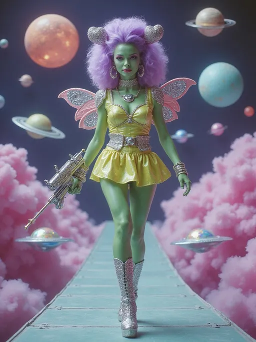 Prompt: A hyperrealistic alien beauty queen struts confidently down a floating glass runway suspended in a candy-colored nebula. Her skin is mint green, smooth and subtly iridescent, and her bouffant hair explodes in sculpted cotton candy curls—pink at the base, flaring into lavender tips, topped with glittery heart-shaped antennae. Her face is immaculate, with shimmering blush, oversized holographic lashes, and glossy bubblegum lips that reflect like patent leather.

Her body-hugging retro vinyl minidress is covered in metallic appliqués of hearts, moons, stars, and little glittering planets, all meticulously embedded into the folds like vintage costume jewelry. Rhinestones crust her neckline, wrists, even the seams of her chrome go-go boots. A sparkling belt buckle shaped like Saturn cinches her waist, and her shoulderpads flare like sparkling wings made of mirrored prisms. Her raygun, holstered in a rhinestone hip strap, has a heart-shaped barrel that shoots holographic sparkles.

Surrounding her: floating op-art panels in black and white, rotating slowly like hypnotic candy swirls. In the background, hovering bubble chairs, sparkly disco asteroids, and kitschy UFOs shaped like tiaras. The whole image glows with vintage soft focus grain, like a forgotten pin-up photoshoot from the Venus edition of 1965’s Galactic Bachelorette Monthly.

Color palette: bubblegum pink, holographic silver, lemon-lime, teal chrome, soft violet.
Finish: soft analog grain with brilliant, candy-slick highlights.
