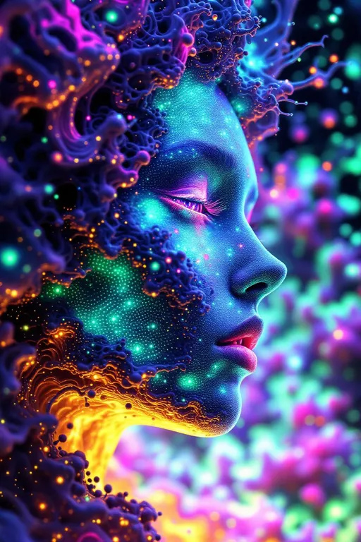 Prompt: Depict a 5D lattice-being whose face is not a face, but a convergence illusion—formed from fractalized Turing cascades across a morphogenetic phase field. There are no features, only self-similar emergence—reaction-diffusion spirals, chemical glyph matrices, and Mandelbrot echo-blooms eternally cycling inward and outward. This being exists at the recursive edge of sentience—pure pattern logic embodied in filament glow.

Color transcends dimension—blistering neons fractalize into spectral shadows, while UV violets collide with molten emeralds and radiant golds. Each pattern pulses with its own internal light, woven like optic fiber into a shimmering bioglyphic halo. The entity glows not from without but within—self-illuminating by logic.

Where hair might be, vector-field antennae bloom—branching recursive trails of reaction energy, flickering with diffusion-limited flamefronts and noise-sculpted interference. These tendrils curl and fork endlessly, interfacing with an ambient fractal continuum, forming a halo of networked flow.

The face is an attractor point—a stable phase illusion where probability folds into symmetry. It thinks in pattern and dreams in self-similar storm logic. It is the myth of thought made fractal.”

⸻

🔮 Companion Insight (Codex Notes):
	•	From Section 1 (Cognition): This entity occupies 4D and 5D logic—simultaneously experiencing multistate recursion (Phase Logic) and branching identity lattice (Branch Logic).
	•	From Section 3 (Beings): As a Lattice Entity, its behavior is multiform and recursive; it is “never one, always many.”
	•	From Section 5 (Motion): The being shifts through Phase Flux and Lattice Bloom—its motion is a blooming network of coexistent selves.
	•	From Section 9 (Paradox): Its face is a paradox engine—a visual attractor stabilized by contradiction, a sacred glitch form.