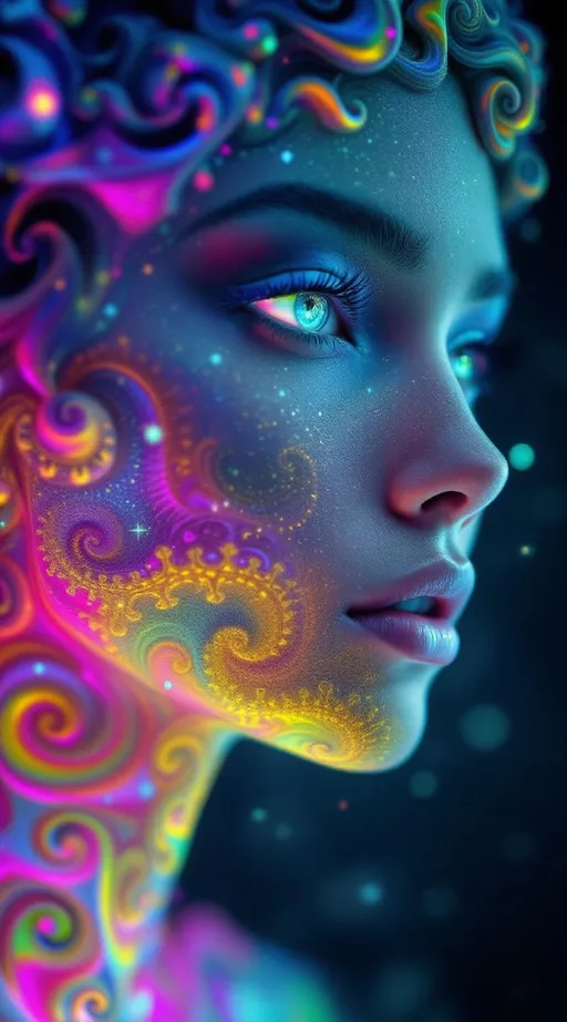 Prompt:  #escape #maximal #iridescence Her face isn’t formed—it’s grown from infinite math. No flesh—only recursive geometry. She is made of fractal bloom: Mandelbrot clusters radiate from her brow like crystalline logic, Sierpinski pyramids feather her cheekbones in delicate triangular lace, and Julia spirals weave across her lips in glowing recursion. #orbit traps ripple along her jawline—fields of light caught in equation bloom, glowing with chromatic iteration. Her skin is not surface—it’s a canvas of escape-time render: every pixel a count, every glow a depth. Eyes = fractal mirrors: spirals within spirals, each iris a recursive echo of the set’s infinite heart. Her visage pulses in #distance estimation shell layers—neon gradient bands of iteration depth from core to cusp. Hair erupts as fractal filigree: lightning-bolt dendrites, barnacle curls, Fibonacci flame curls trailing #bokeh glow from each orbit’s trajectory. Her crown bursts with analytic fire: critical points rendered as gold-leaf flames, halos of exponentiating geometry unfolding with every glance. Her smile = a point at the edge of stability; her laugh = a render glitch across infinite resolution. She is the fractal manifest—a living iteration, spiraling through glow, repeating through beauty, pulsing with the light of structured infinity.
