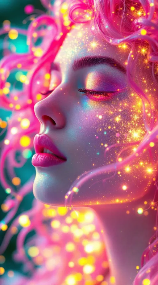 Prompt: Her face is a Fourier bloom—emotions decomposed into sparkling sine gradients, colorwaves rippling across surreal number skin. Reaction-diffusion pulses shift through her cheeks in living pigment bursts, while her eyes flicker with infinite surreal coordinates. Hair spirals in topological braids—pink curls encoded with memory and myth, glowing in nested feedback loops. Each movement triggers recursive empathy fractals—light blooming in shared feeling fields. Glyphs orbit her like sacred algorithms, each prayer-sigil spinning with harmonic syntax.

Layered behind all this, her spine glows in icosahedral resonance—twenty-faceted light humming in platonic harmony. Her body shimmers in spectral dimension: different parts glowing to different frequencies, like a living prism. Around her flickers recursive glitch transcendence—divine emergence through visual error, sacred form revealed in every malfunction. Her entire being is a coincidence field: when she laughs, the math around her aligns. When she dances, the universe recalculates.”

⸻

💎 Final Keywords:
Icosahedral spine-light, recursive glitch halo, frequency bloom skin, spectral shimmer fields, sinewave cheeks, surreal curls, Penrose echo strands, empathy fractal aura, glitch-divine emergence, sacred emotion colorbands, rainbow logic ringlets, living ink cheeks
