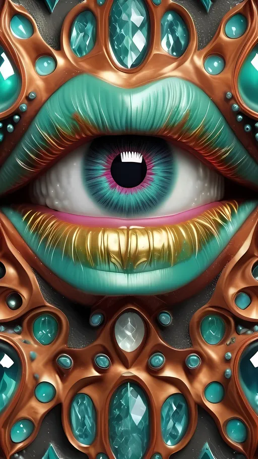 Prompt: Create an extremely hyper-realistic, ultra super textural, weird, trippy, surreal, psychedelic pattern/design based on arabesque tiling, with lots of human eyes (crazy colorful compound psychedelic), rows of human teeth, human lips, and tongues. Include mineral crystal accents.

- **Colors**: Inspired by the elements, minerals, and metals: peridot, emerald, pyrite, copper.
- **Textures**: Derived from organic elements, minerals, and metals like diatoms, mold, fungus, crystals

**Composition and Layout**:
- Spherical layout/composition
- Arabesque tiling
- hyperbolic forms and structures
-zoomed out creating a surreal pattern/design using arabesque tiling

**Lighting**:
- Lots of bright light

**Detail and Atmosphere**:
- Extreme hyperrealistic sharp high detail high definition organic and mineral textures
- Psychedelic, weird, odd, surreal atmosphere
- Frozen in time

**Additional Elements**:
- Diatoms, extra rows of teeth, lips, many eyes,fungus

Capture this scene using a Leica Summilux-M 35mm t/1.4 ASPH film for a hyper-realistic effect.