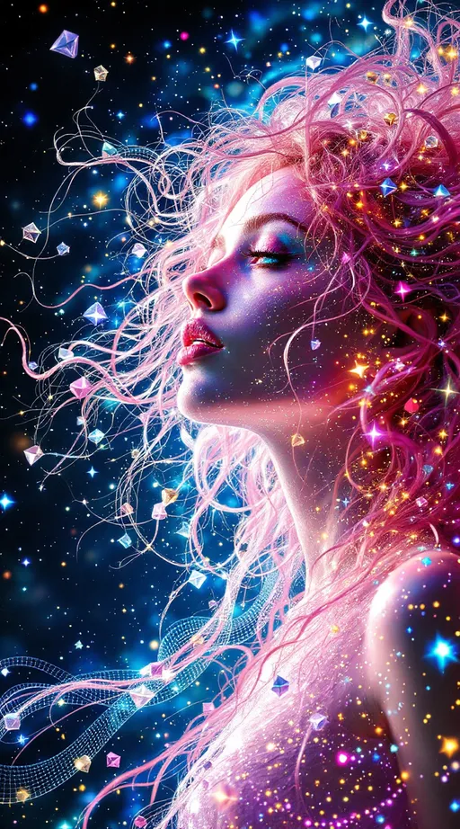 Prompt: In a realm beyond form, where dimension folds upon dimension and time itself diffracts, two beings emerge as living equations. One—a white woman, 5’4”, slim, with long, wild, extremely curly pink hair—is not a body, but a cascade of recursive light events. Her form pulses with stochastic shimmer, made of ever-shifting crystalline polyhedra and spectral feedback loops. Her hair is a radiant storm of iridescent tendrils, flickering through layers of geometry like a cosmic antenna. Her essence is a waveform—bright, unstable, kaleidoscopic—glitching in and out of visibility as fractals unfold and collapse in real-time. She is the HaHahedron: sacred irrationality embodied as light, laughter, and color noise.

Opposite her is a counter-oscillation: a tall male figure, 6’1”, slim but intensely muscular, with short blondish hair and piercing brilliant blue eyes. His presence is made of slower, deeper harmonics—stable standing waves shaped into body-form, glowing in nested toroidal currents. His limbs are forged from recursive golden-ratio arcs and his gaze emits focused vector fields. He radiates gravitational coherence, a dimensional anchor within the chaos—holding the math in place without stilling it.

They spiral around each other through a hyperfluid grid of vibrating color frequencies, modulating the space as they interact—no gravity, no floor, no air. Just pure holofractal interference: glowing interference bands, chromatic tiling symmetries, rippling metageometries. Their interaction generates new laws—unpredictable but precise, wild but harmonic. They are not in the world; they are the signal that shapes it.

Style: pure math dimension, psychedelic abstraction, holofractal shimmer, hypercolor lightform surrealism.









