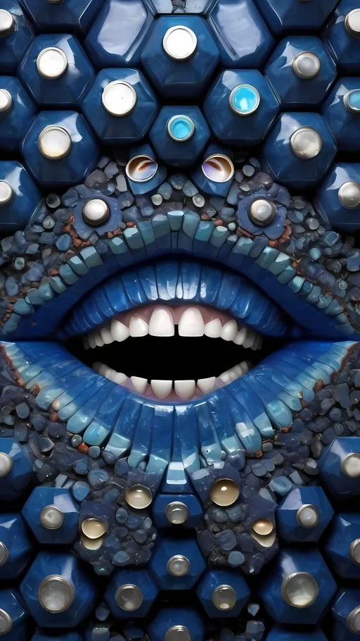 Prompt: Create an extremely hyper-realistic, ultra super textural, weird, trippy, surreal, psychedelic eyes/teeth/mouth/vertebrae pattern/design based on "Cubic L-system Fractal", with lots of human eyes (crazy colorful compound psychedelic), rows of human teeth, human lips, and tongues, vertebrae

- **Colors**: determined by the properties and expressions of the elements (& their isotopes), minerals, and metals: lapis lazuli, blue apatite, Aluminum (Al)

**Shapes and forms**
- "Cubic L-system Fractal" 
-other shapes determined by the natural properties and expressions of the elements (& their isotopes), minerals, metals, and biological organisms: lapis lazuli, blue apatite, Aluminum (Al),

- **Textures**: Derived from any/all elements (& their isotopes), minerals, metals, crystals, organic things mentioned in this prompt: lapis lazuli, apatite, Aluminum (Al);

**Composition and Layout**:
- a pattern/design based on "Cubic L-system Fractal"
**Lighting**:
- Lots of bright light
- zoomed out

**Detail and Atmosphere**:
- Extreme hyperrealistic sharp high detail high definition organic and mineral textures
- Psychedelic, weird, odd, surreal atmosphere
- Frozen in time

**Additional Elements**:
- "Cubic L-system Fractal", extra rows of teeth, lips, many eyes,
