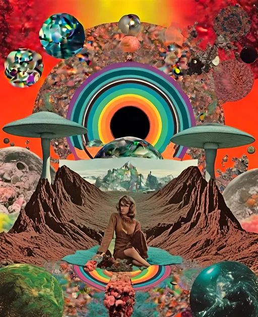Prompt: L<mymodel> a vintage 70s psychedelic collage featuring photographs and art spliced together to produce an image that has the surreal feel of vintage 70s science fiction art but is a psychedelic college of the following elements, importance ranging from highest to lowest- trippy psychedelic patterns and optical illusion effects, mushrooms/fungus of all kinds in all colors of the rainbow, alien/desert/mountain landscapes, planets/moons/orbs, rainbow spectrums, colorful auras, cats, candy, insects, animals