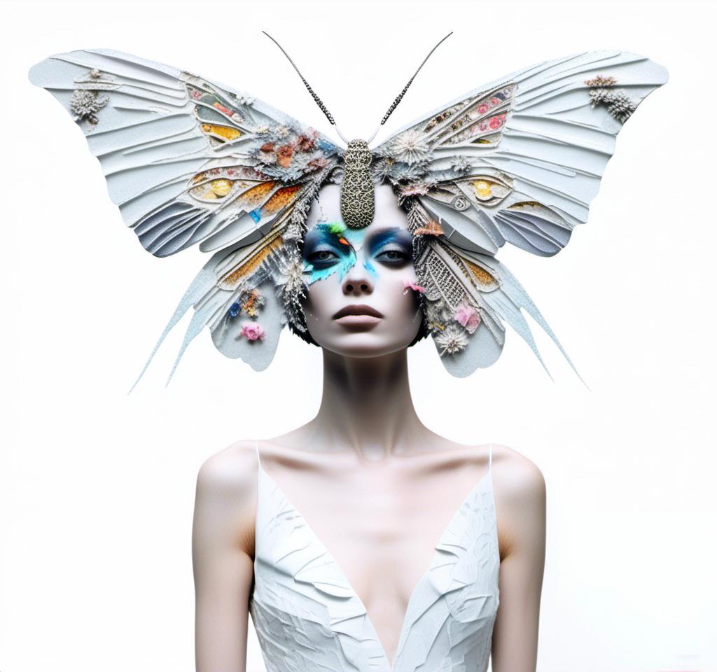 Prompt: a photograph of a woman (color or black and white) with multimedia elements added to create the appearance that she is a beautiful intricate moth, with moth wings and antennae created from paint, paper, photos, glitter, iridescent enamels, nail polish, rhinestones, thread and string, fabric, folded paper etc<mymodel>