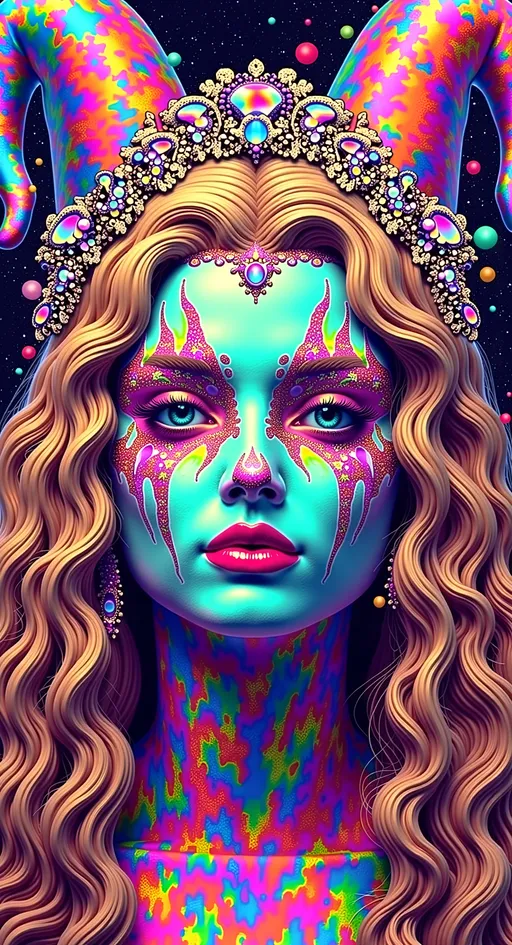 Prompt: Create a super hyperrealistic, finely detailed psychedelic Nouveau illustration of a Cosmic Jester. Feature the word MERRYPRANXTERworked organically into the background somehow.  This enchanting character is a merry prankster of the cosmos, an astral jokester dancing through time and space. She exudes a jester vibe, wearing feminine holographic jester attire & makeup with a feminine, harlequin twist. Not human, but humanoid, she is crafted from vibrant colored light, embodying an extra-dimensional extraterrestrial essence. Her presence is a beacon of joy, as she laughs and twirls through the cosmic astral realms, elevating vibes wherever she roams. 

Her beauty is otherworldly, with long, curly hair that shimmers like a cascade of colored light, appearing blonde yet transcending earthly hues. Her eyes sparkle with mischievous wisdom, and her attire is a dazzling array of intricate patterns and swirling colors, reminiscent of both jester garb and celestial phenomena.

Incorporate the text "the merrypranxter" above her in smaller, elegant lettering, seamlessly blending into the cosmic background. This text should capture the essence of her playful spirit, as if it were a whisper from the universe itself. The illustration should radiate her vibrant energy, portraying her as a timeless wanderer spreading joy and wonder throughout the cosmos.