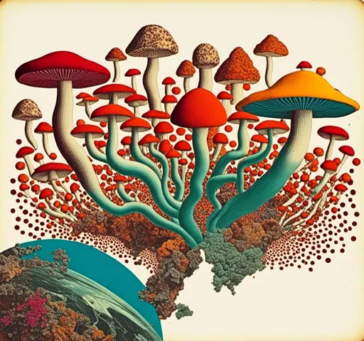 Prompt: <mymodel>Retro psychedelic collage of vibrant, 70s-inspired fungus, mushrooms, vibrant colors and patterns, surreal collage cut and paste composition, landscapes, trippy patterns, optical illusions, planets vintage analog texture, high quality, retro, psychedelic, vibrant colors, surreal, vintage, analog texture, detailed patterns, artistic