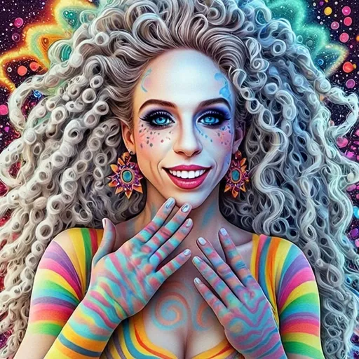 Prompt: A super hyperrealistic yet also illustrative and creative female cosmic jester, made entirely of swirling pure colored light, with long wild curly hair that appears blond but is a dazzling spectrum of hues. She is adorned in beautiful avant-garde "astral" jester's attire, complete with intricate harlequin clown makeup and a HUGELY OVERSTATED jester's hat that twists and bends into impossible, otherworldly shapes. Her hat sparkles with iridescent gems and glowing cosmic patterns, radiating a surreal, trippy energy. Her ensemble includes exquisite, shimmering accoutrements like glowing ribbons of stardust, cascading light veils, and crystalline bells that chime with the sound of distant galaxies. She sparkles, shines, and dazzles in a mesmerizing swirl of ever-changing colors, embodying the essence of cosmic whimsy and wonder. She stands on a floating, kaleidoscopic fractal platform that endlessly morphs and twists through the void of the astral realms. Behind her, a shimmering nebula of liquid rainbow light swirls and pulses, while shimmering comets streak across the scene. The cosmic jester juggles glowing orbs of quantum energy, each orb containing miniature universes that spin and glimmer with infinite possibilities. Her laughter echoes like a symphony of stars, and her every movement leaves trails of dazzling light that ripple like water across the fabric of space-time. The entire scene is awash with iridescent fractal spirals, the platform morphing with Mandelbrot set fractals, while liquid rainbow nebulae and glowing stardust create an atmosphere of pure astral magic.