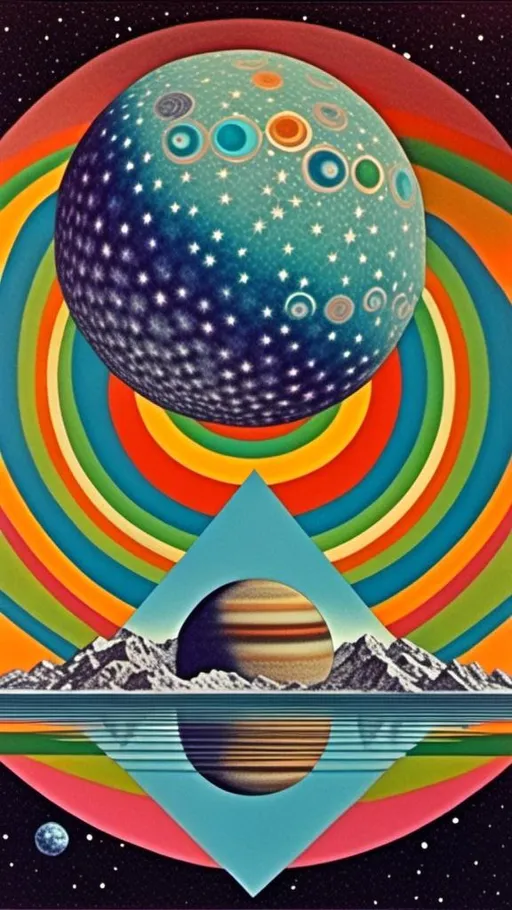 Prompt: A vintage 70s psychedelic collage with the theme “astral vacation”- incorporate themes of astral projection, the astral plane, the silver cord, use an astral brilliantly but sometimes muted opalescent color palette, & combine it all with planets, orbs, optical illusions and psychedelic trippy patterns, color spectrums as a surreal vintage psychedelic collage<mymodel>