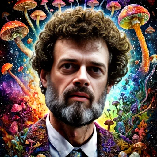 Prompt: Psychedelic poster art illustration of Terence McKenna with brain and psychedelic mushrooms, vibrant and surreal, high detailed, mixed media, trippy color palette, surreal lighting, detailed facial features, psychedelic, surreal, vibrant colors, detailed mushrooms, intricate brain, poster art, high quality, detailed illustration, mixed media, intense and surreal lighting