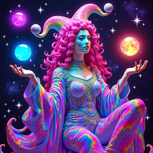 Prompt: A super hyperrealistic yet also illustrative and creative female cosmic jester, made entirely of swirling pure colored light, with long wild curly hair that appears pink but is a dazzling spectrum of hues shimmering beneath the surface. She is adorned in beautiful avant-garde "astral" jester's attire, complete with intricate clown makeup that glimmers like stardust and a definitive jester's hat adorned with miniature galaxies that orbit its tips. Her ensemble includes exquisite accoutrements—ornate cosmic bangles that hum with the resonance of distant quasars and an ethereal cape that flows like liquid auroras. She sparkles, shines, and dazzles in a mesmerizing swirl of ever-changing colors, embodying the essence of cosmic whimsy and wonder. Perched atop an enormous, spinning Möbius strip made of liquid starlight, she juggles glowing quantum orbs that flicker between states of existence, each orb containing a miniature universe that pulses with fractal patterns. The background is a psychedelic tapestry of hyperdimensional geometry, where constellations rearrange themselves into impossible shapes, and stars pulse to the rhythm of an unheard cosmic melody. Fractal tessellations resembling Escher-like infinity loops cascade through the scene, while quantum entanglement trails connect her juggling orbs in a dance of light. Möbius transformations ripple through the liquid starlight, creating endless loops of brilliance, as pulsating nebulas, astral winds swirling with cosmic dust, and shimmering auroras flow like liquid silk across the infinite expanse.