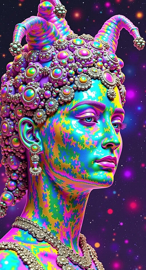 Prompt: Create a super hyperrealistic, finely detailed psychedelic Nouveau illustration of a Cosmic Jester. Feature the word MERRYPRANXTERworked organically into the background somehow.  This enchanting character is a merry prankster of the cosmos, an astral jokester dancing through time and space. She exudes a jester vibe, wearing feminine holographic jester attire & makeup with a feminine, harlequin twist. Not human, but humanoid, she is crafted from vibrant colored light, embodying an extra-dimensional extraterrestrial essence. Her presence is a beacon of joy, as she laughs and twirls through the cosmic astral realms, elevating vibes wherever she roams. 

Her beauty is otherworldly, with long, curly hair that shimmers like a cascade of colored light, appearing blonde yet transcending earthly hues. Her eyes sparkle with mischievous wisdom, and her attire is a dazzling array of intricate patterns and swirling colors, reminiscent of both jester garb and celestial phenomena.

Incorporate the text "the merrypranxter" above her in smaller, elegant lettering, seamlessly blending into the cosmic background. This text should capture the essence of her playful spirit, as if it were a whisper from the universe itself. The illustration should radiate her vibrant energy, portraying her as a timeless wanderer spreading joy and wonder throughout the cosmos.