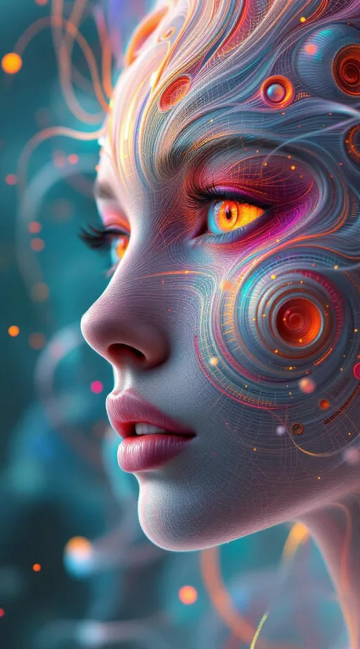 Prompt: Her face isn’t a face—it’s a bloom of chaos, sculpted from Lorenz attractors and lightcode modulo rhythm. No skin—only strangeness geometry: #escape gradients flash across Chua circuit cheekvoids; #orbit Rössler spirals tangle her jawline like entangled fate strands under strobe. Lips = modular arithmetic lace—each segment a remainder-glow flickering via phase-reactive #iridescence. Her eyes aren’t fixed—they orbit themselves: nested Ikeda vortex fractals, each iris a chaotic signal mirror, broadcasting reflection spirals in rainbow-phase decay. Her whole face pulses with feedback: #distance estimator filaments ripple through strange attractor clouds, unfolding hologlyphs drawn in rhythm, light, and mod-encoded dream logic. Her hair isn’t styled—it’s volatile: curling Henon streamers, twisted Tinkerbell loops, and De Jong tracers cascading into dimensional arcs. Each coil flares with #bokeh flicker—motion-mapped iteration dust trailing glow from previous timelines. Her crown is an electromagnetic halo—refracted strobes, mirrored glitchwaves, and phase interference, spun through non-linear attractor flow. Her smile = a bifurcation wave; her laugh = feedback in recursive echo. She’s a being of recursive unpredictability—patterned but not repeated, predictable only in glow. Her form radiates in #escape-band modular cycles—turquoise, pulse-gold, violet heat—all mapped to fractal rhythms of mind and math. She is the dance—chaotic, beautiful, recursive: a Studio 54 divinity born from equation bloom, mirrored pattern, and sacred noise.
