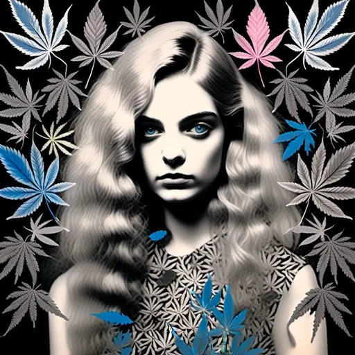 Prompt: <mymodel>Mixed media collage of a girl with long blond curly hair and blue eyes, black and white photograph, cannabis leaves, mushrooms, smoke and fractals in the background, hand-colored, high contrast, psychedelic, detailed facial features, vintage style, atmospheric lighting