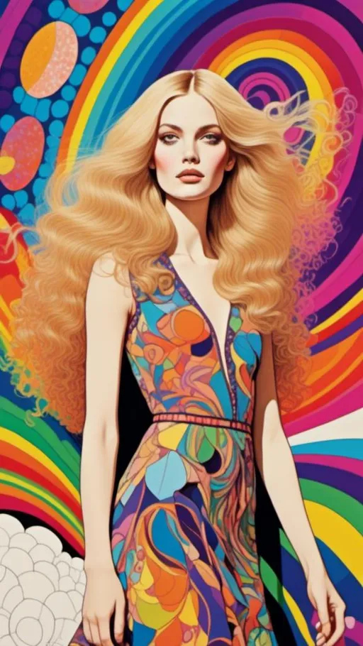 Prompt: <mymodel> psychedelic poster art illustration fashion, woman with long blond curly hair, vibrant colors, detailed psychedelic patterns, high quality, poster art style, bright and vibrant tones, curly hair with intricate details, retro fashion, surreal atmosphere