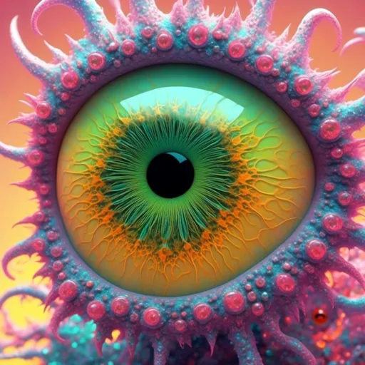 Prompt: <mymodel>an extremely hyper realistic super textural psychedelic entity/creature, trippy, weird, surreal, fractals, multidimensional geometric shapes, eyes, human teeth, lots of light, bright pastel colors, luminous, glowing, extremely textural, yellow, greens, oranges, silver, copper