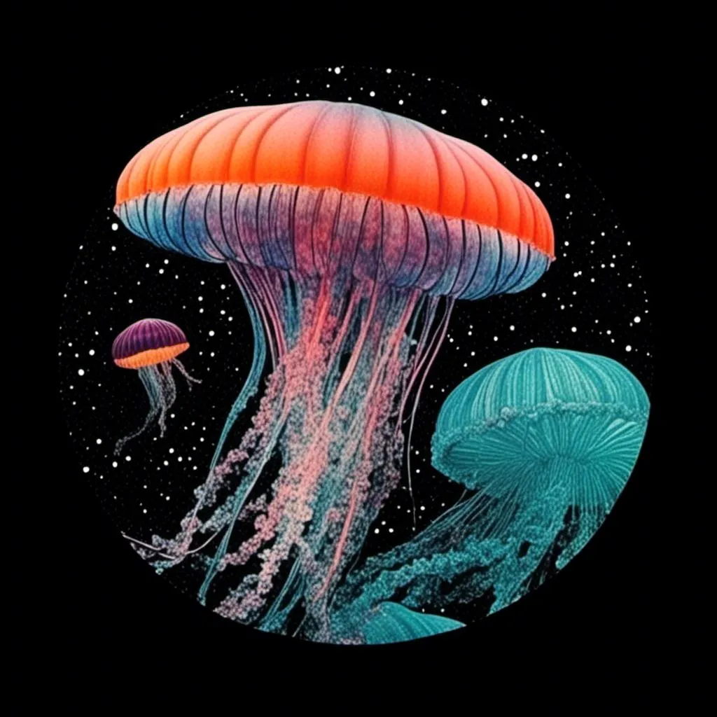 Prompt: <mymodel>A psychedelic surreal collage featuring photographs and art of jellyfish in space, spliced with photos/art of bubbles, optical illusions/trippy psychedelic patterns, underwater seascapes, geometric shapes to create a surreal jellyfish psychedelic collage design