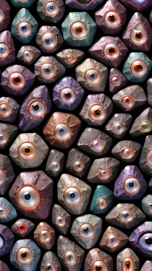 Prompt: Create an extremely hyper-realistic, ultra super textural, weird, trippy, surreal, psychedelic eyes/teeth/mouth pattern/design based on "Staphylococcus epidermidis", with lots of human eyes (crazy colorful compound psychedelic), rows of human teeth, human lips, and tongues. 

- **Colors**: determined by the properties and expressions of the elements (& their isotopes), minerals, and metals: Lepidolite, copper, silicon, hematite,  “ Staphylococcus epidermidis”

**Shapes and forms**
- "Staphylococcus epidermidis" & their colonies
-other shapes determined by the natural properties and expressions of the elements (& their isotopes), minerals, metals, and biological organisms: Lepidolite, copper, hematite; Octahedral

- **Textures**: Derived from any/all elements (& their isotopes), minerals, metals, crystals, organic things mentioned in this prompt:"Staphylococcus epidermidis" (Pulvinatus), Lepidolite, copper, 


**Composition and Layout**:
- a pattern/design based on "Staphylococcus epidermidis" (Pulvinatus), Octahedral

**Lighting**:
- Lots of bright light
- zoomed out

**Detail and Atmosphere**:
- Extreme hyperrealistic sharp high detail high definition organic and mineral textures
- Psychedelic, weird, odd, surreal atmosphere
- Frozen in time

**Additional Elements**:
- "Staphylococcus epidermidis", extra rows of teeth, lips, many eyes, Octahedral
